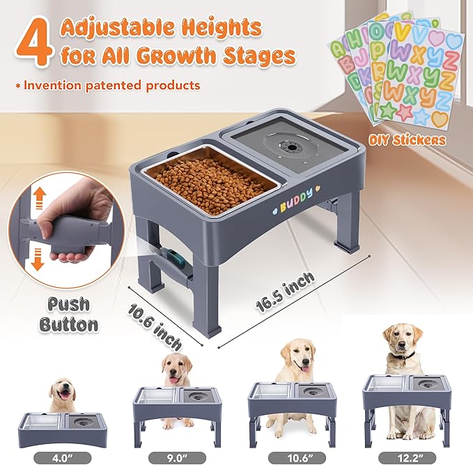 Decflow 3-in-1 Elevated Dog Bowls, 4 Height Adjustable Raised Dog Bowl with Stainless Steel Food Bowl, Slow Feeder, No Spill Water Bowls for Medium Large Dogs