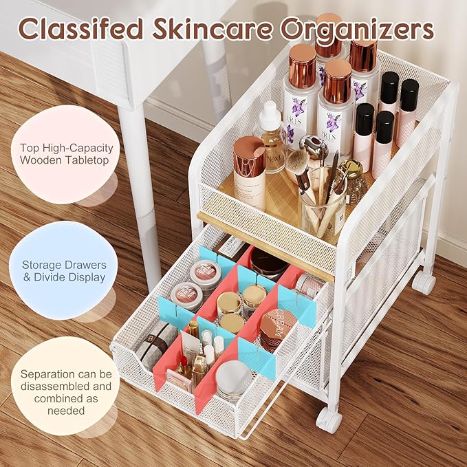 Hongtamoya Rolling Makeup Cart Organizer with 2 Drawers, Narrow Floor Skincare Organizers, Vanity Organizer Cosmetics Display Cases Holder for Skin Care Nail Polish Perfume Makeup Brush, White