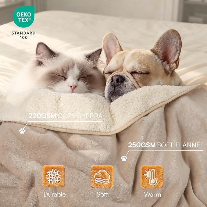 Luciphia Waterproof Pet Blanket, Liquid Pee Proof Dog Blanket for Sofa Bed Couch, Reversible Sherpa Fleece Furniture Protector Cover for Small Medium Large Dogs Cats, Khaki+Beige Large（65" x 57"）