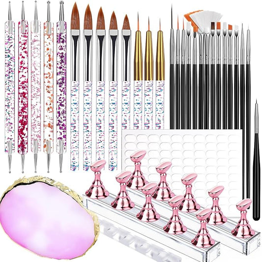 Teenitor Nail Art Tools Set, 23 Pcs Nail Art Brushes, 5 Pcs Nail Dotting Tool, 2 Set of Nail Stand, 100 Pcs Double-Sided Adhesive Tabs, Nail Art Palette, Brushes Holder for DIY Nail Art