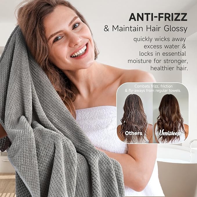 Extra Large Microfiber Hair Towel for Women Curly, Long, Thick Hair, 2 Pack Ultra Absorbent Hair Drying Towel Wrap, Super Soft Anti Frizz Hair Turban with Elastic Loop (Grey, Camel)
