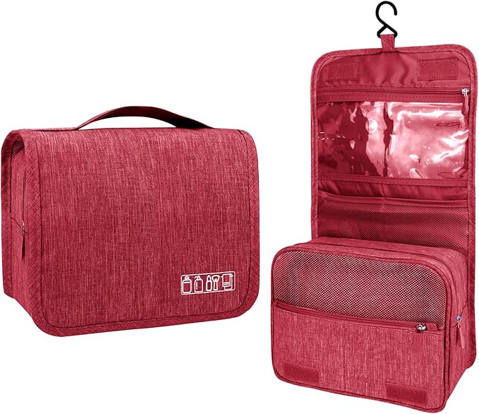 Large Capacity Toiletry Bag Travel Bag with Hanging Hook for Men and Women Waterproof Travel Cosmetic Bag Bathroom Storage Bag for Brushes Set, Full-Sized Shampoo, Toiletries, (Wine Red)