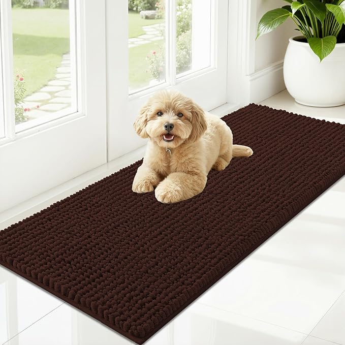 OLANLY Dog Door Mat for Muddy Paws 47x20, Ultra Absorbent Chenille Mud Doormat, Non-Slip Washable and Dirt Trapping Doormat for Indoor Entryway, Quick-Dry Indoor Pet Bed Mats for Dogs, Brown