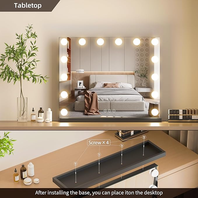 Vanity Mirror with Lights Lighted Makeup Mirror with Dimmable LED Bulbs,3 Color Lighting Modes,USB Charging Port Touch Control,Sturdy Metal Frame Design,Black (50x40cm, 4.70)
