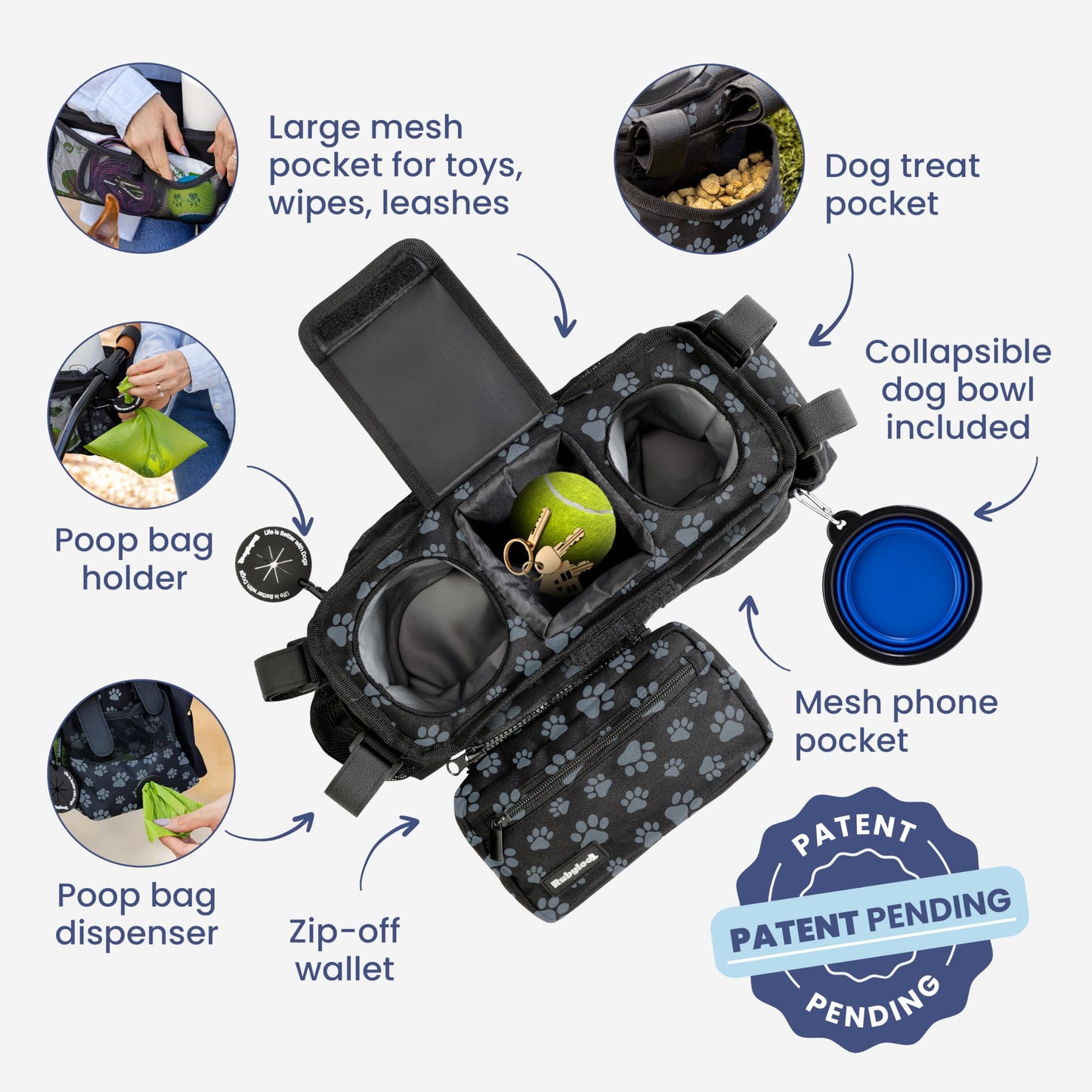 Dog Stroller Caddy Organizer with Poop Bag Dispenser, Treat Pocket, Water Bowl – Dog Stroller Accessories with Insulated Cup Holders, Pet Storage & Non-Slip Fit for 14"-19" Wide Handlebars - Paws