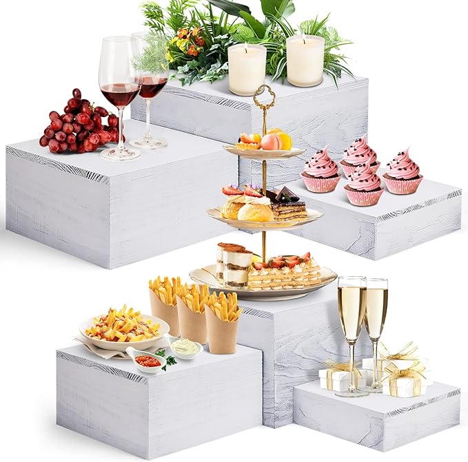 6 Pack Wooden Risers Display Stands Square Food Risers for Buffet Party Rustic Wood Cake & Cupcake Stands Nesting Box Wooden Crates for Display