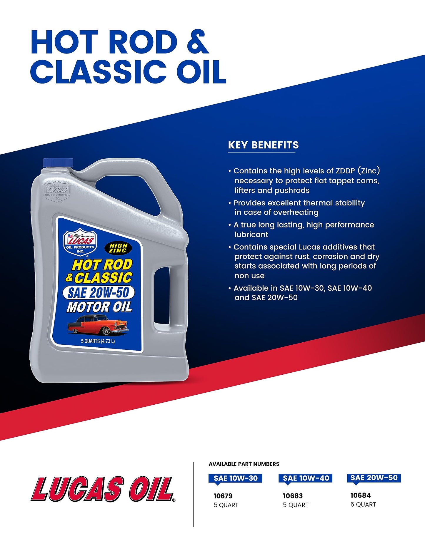 Lucas Oil 10683 Hot Rod & Classic Car SAE 10W-40 Motor Oil - 5 Quart