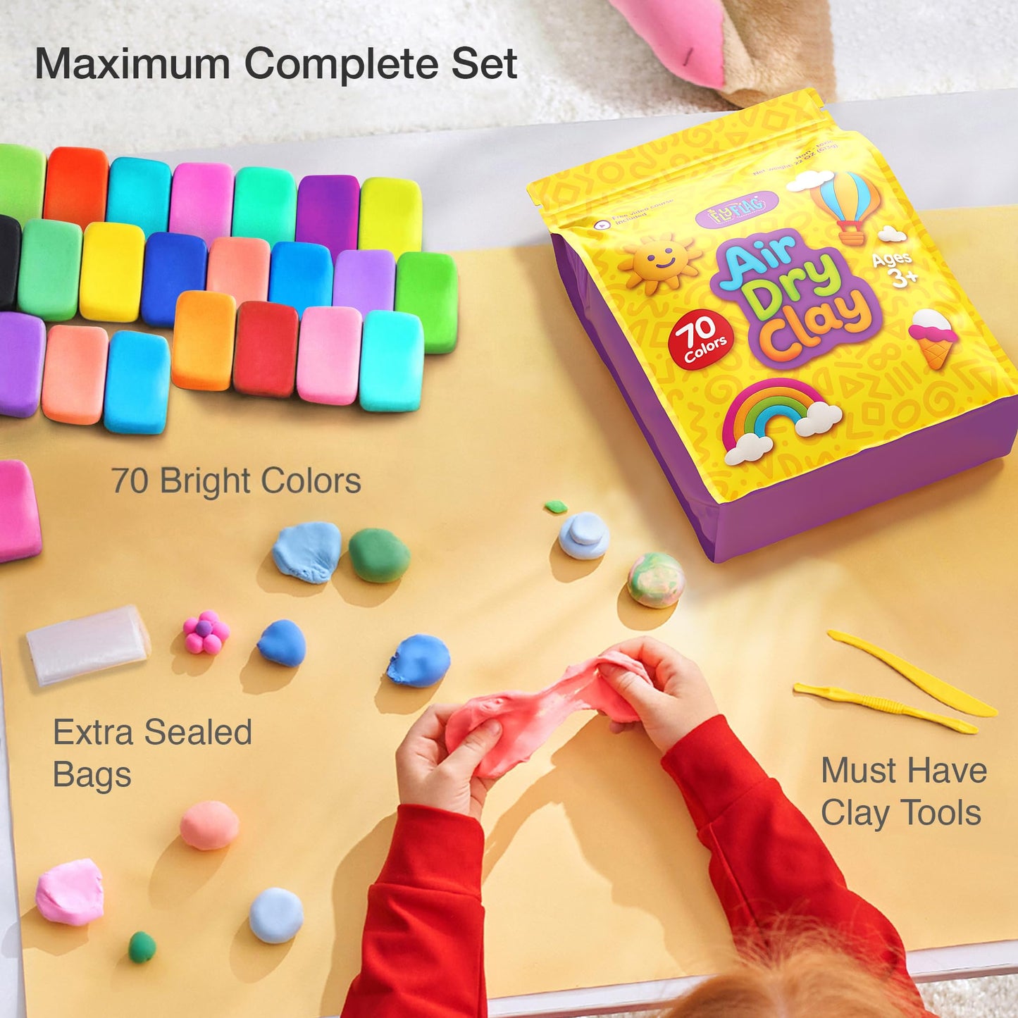 FlyFlag Air Dry Clay - 70 Colors, Ultra Light and Soft, Non-Toxic Modeling Clay for Kids with Tools and Tutorials, for Creative Play and Learning