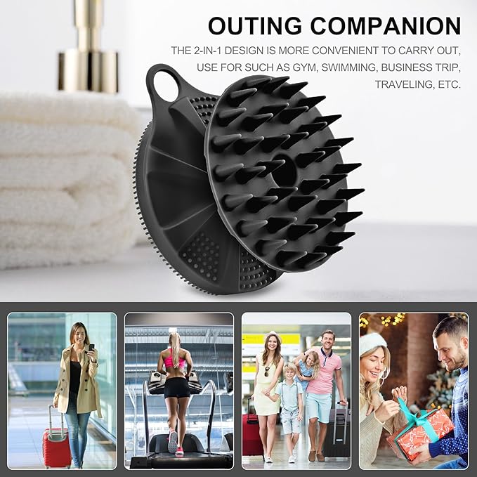 INNERNEED 2-in-1 Silicone Body Scrubber and Scalp Massager Shampoo Brush, Food-Grade Soft Material, More Hygienic, Easily Lather, Convenient for Travel, Gym, Business,etc (Black)