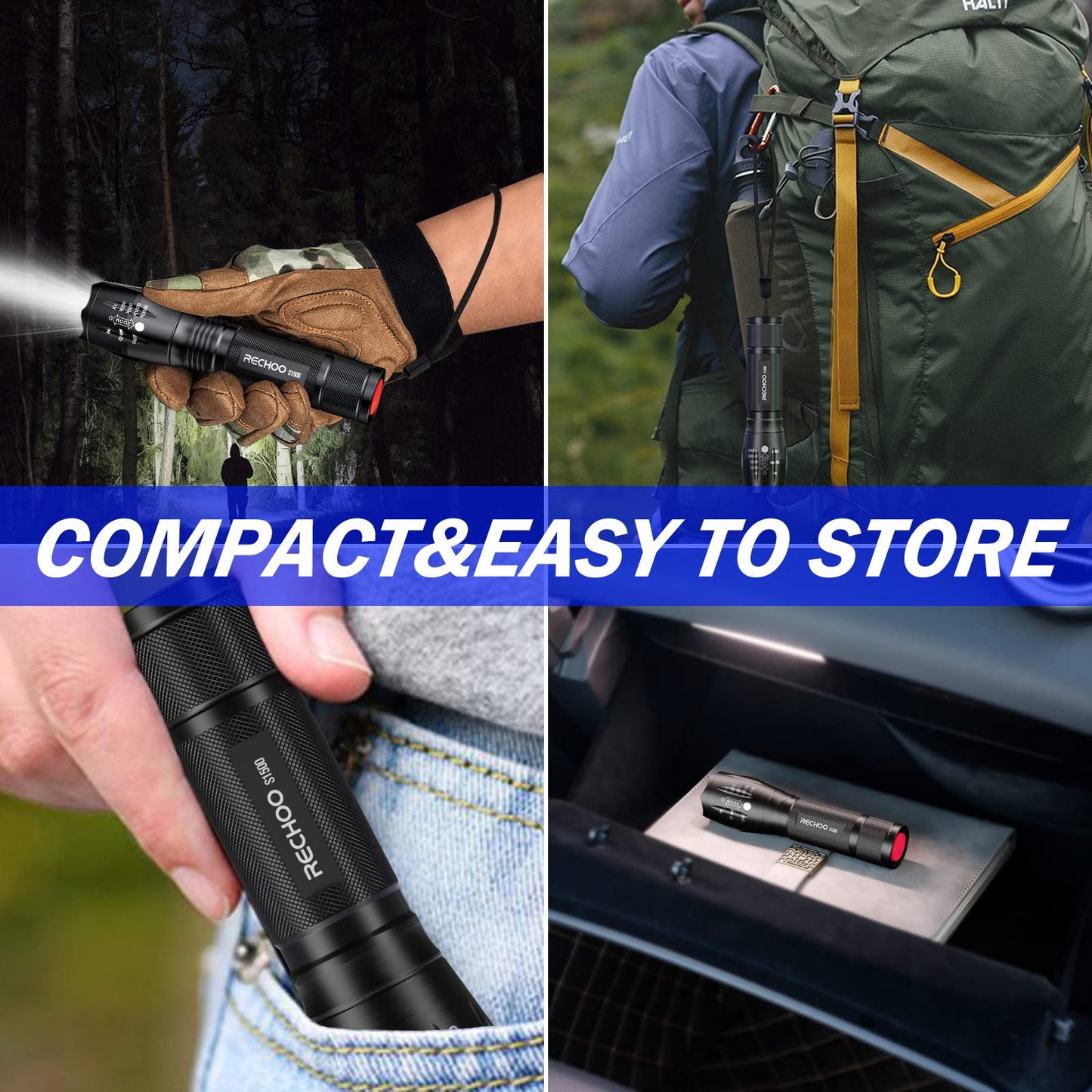 RECHOO 2 Pack LED Flashlights High Lumens - 5 Modes, Zoomable, Waterproof & Super Bright Tactical Torch for Camping, Hiking, Emergency, Home Essentials (Batteries not Included)