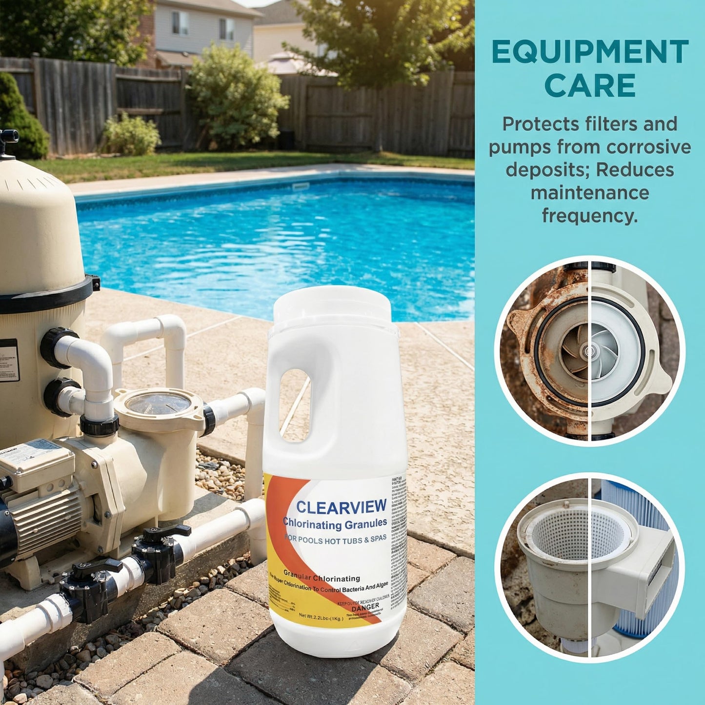 ClearView Chlorine Granules 2.2 Lbs for Swimming Pools, Pool Chlorine Shock Granular Sanitizer for Spas, Fast Dissolving Chlorinating Granules for Hot Tubs