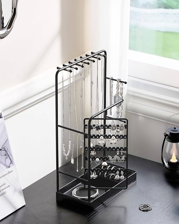 ProCase Jewelry Stand Holder Organizer, Jewelry Display Storage with Ring Tray, No-Assembly, Rotating Earring Bracelet Necklace Holder,Valentine's Gifts Room Dorm Decor for Teen Girls -Black