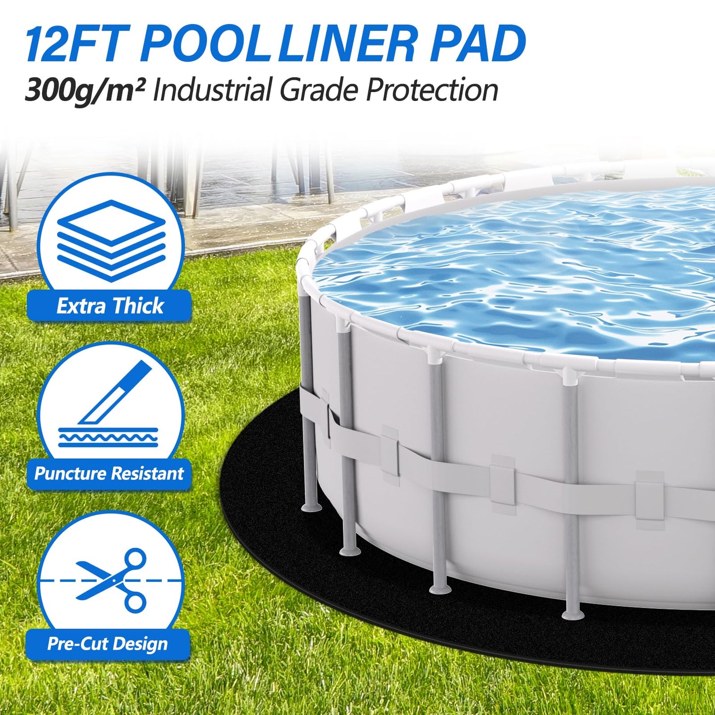 REGMICS 12ft Round Above Ground Pool Pad, 300G/M² (9oz/yz²) Heavy Duty Pool Mats for Floor, Seamless Puncture Resistant Under Pool Mat, Professional Ground Protector for Gravel & Concrete, Black
