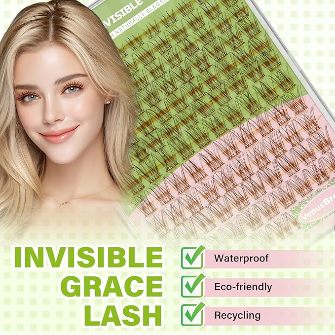 KEYYOU Venus Brown Lash Clusters Fairy Eyelash Extension C Curl 120Pcs Eyelash Extension Wispy Natural Invisible Band Lash with Waterproof DIY Lash Extension at Home(Venus Brown-C-8-16MIX)