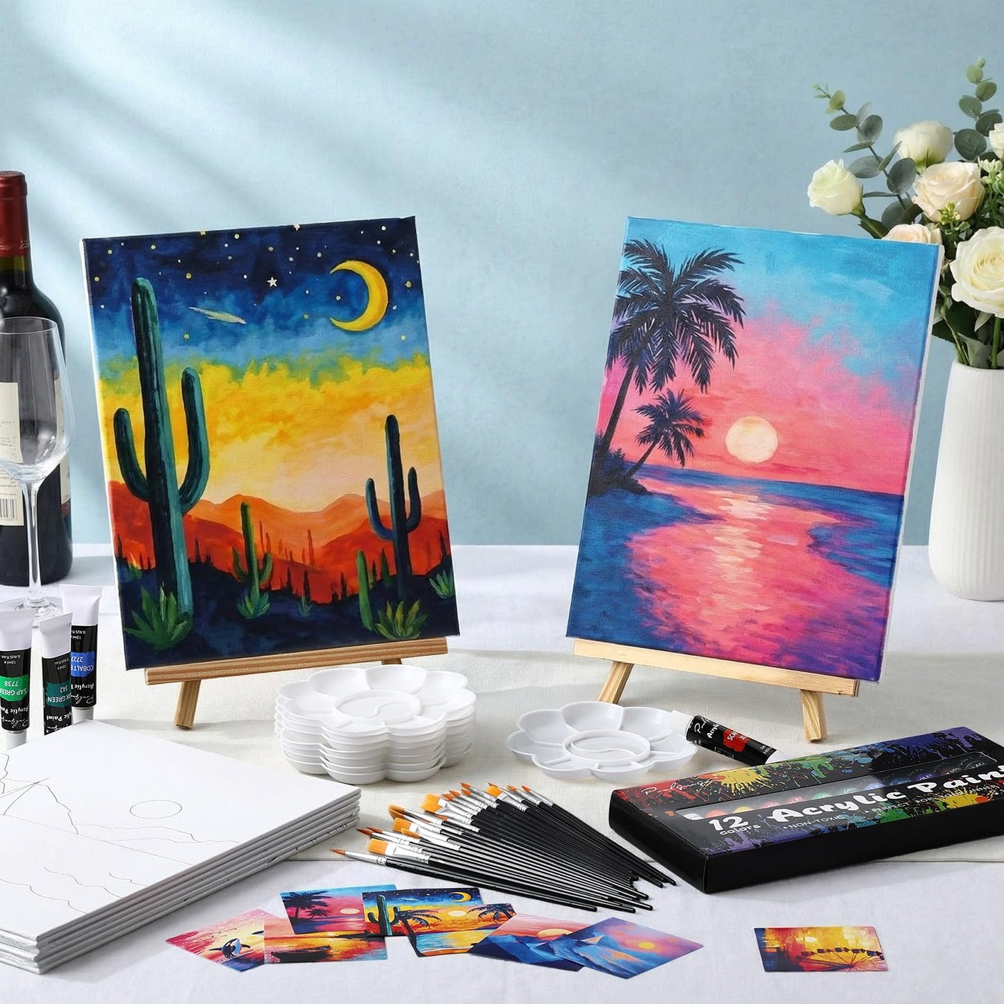 Cholemy 36 Pcs Paint and Sip Kit for Adults 8''x10'' Pre Drawn Canvas for Painting DIY Afro Acrylic Painting Kit Wood Easel Brushes Date Night Bulk for Mother's Day Party Gifts