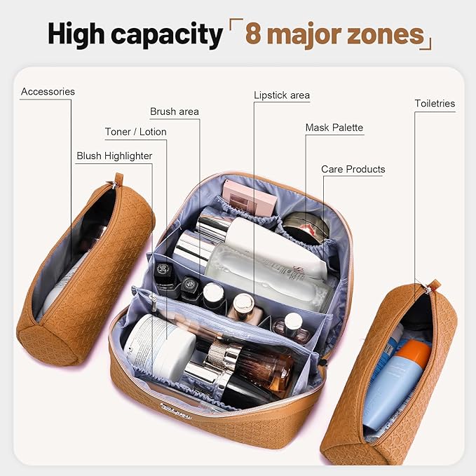 BOYATU Travel Makeup Bag Cosmetic Bags for Women: Large Capacity 3 Pcs Set Make up Bag with Compartments - Waterproof Vegan Leather Toiletry Organizer Bags with Handle (M-74Yellow Brown)