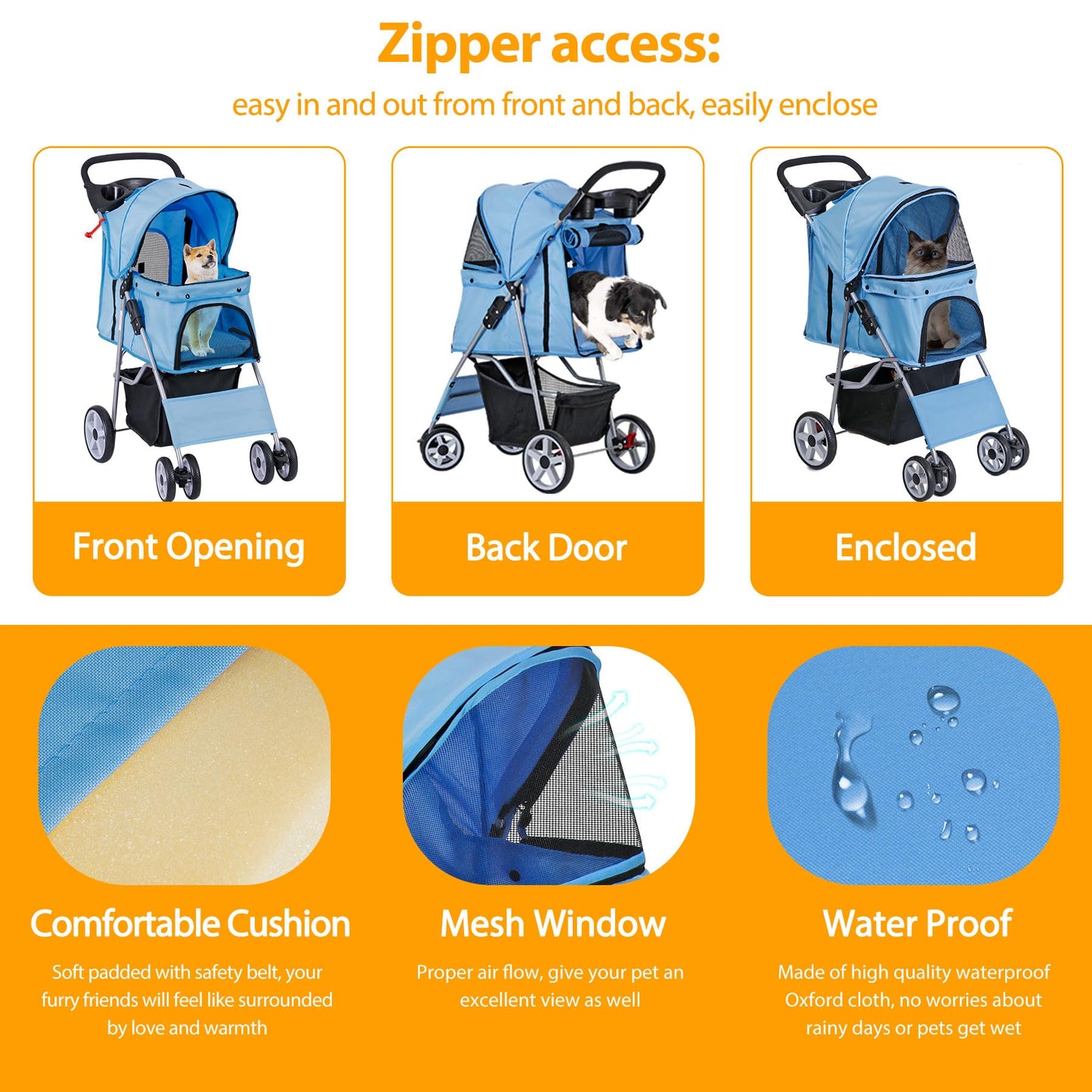 Epetlover 4 Wheels Dog Stroller Folding Pet Strolling Cart for Small Medium Cats Puppies Portable Jogger Travel Camping Puppy Carrier with Storage Basket Cup Holder, Blue