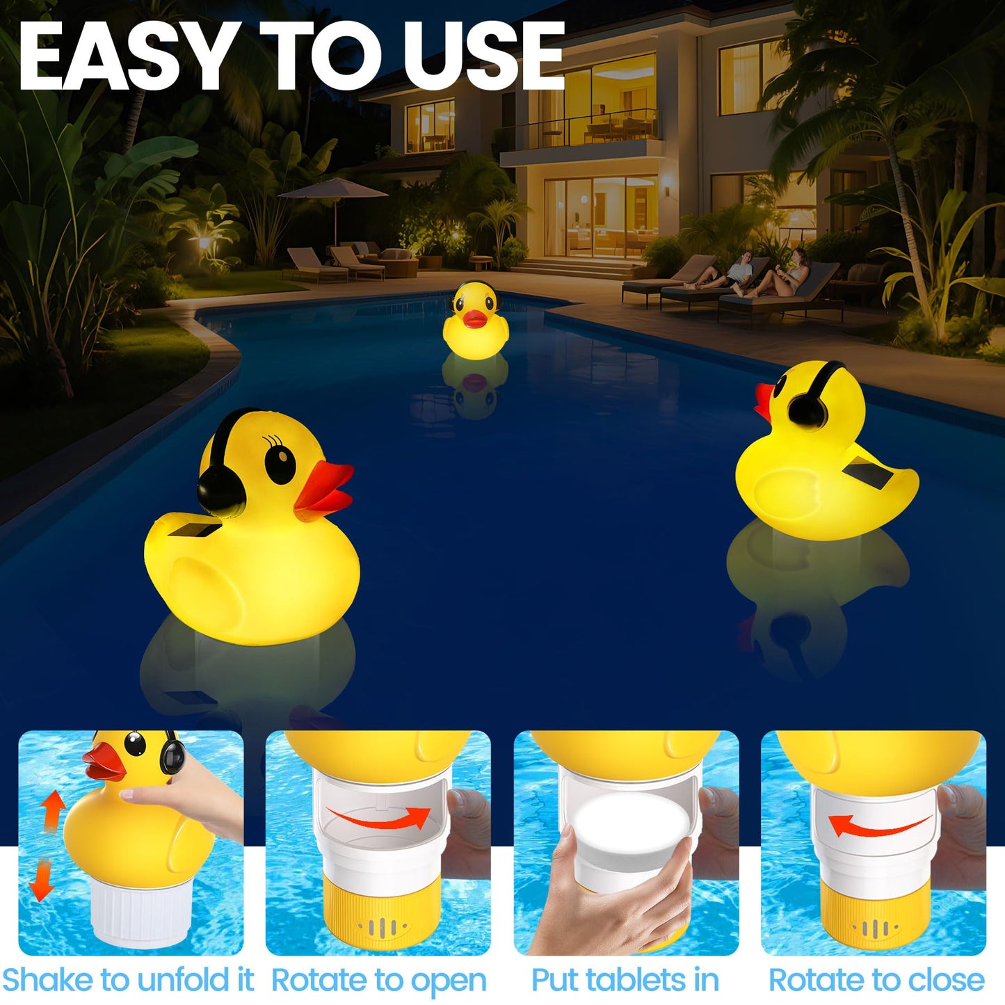 KingSom 2025 Upgraded Pool Chlorine Floater, Duck chlorine Floaters with Light, Solar Chlorine Floaters w/Adjustable Flow, Large Capacity Floating chlorines Dispenser for Pools,pool Chlorinator,Yellow