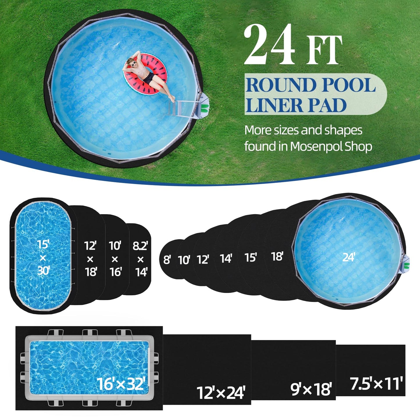 Mosenpol 24 FT Round Pool Liner Pad for Above Ground Pool, Durable Pre-Cut Under Pool Padding, Puncture Protection and Extend Liner Life
