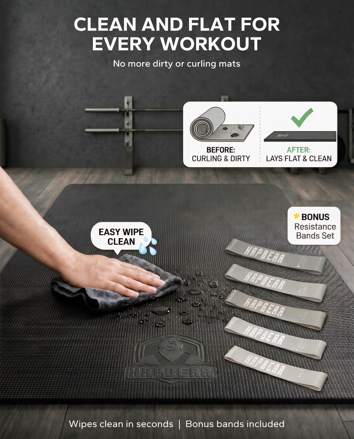 HAPBEAR Extra Large Exercise Mat-10'x6'x8mm(1/3 inch), Non-Slip, Ultra Durable, Thick Workout Mats for Home Gym Flooring Cardio, Yoga Mats for Fitness, High-Density Exercise Mat, Shoes-Friendly