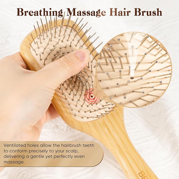 BFWood Bamboo Hair Brush with Steel Bristles, Metal Hair Brush Help Hair Growth and Massaging Scalp, Anti-frizz Metal Detangling Brush Styling Hairbrush