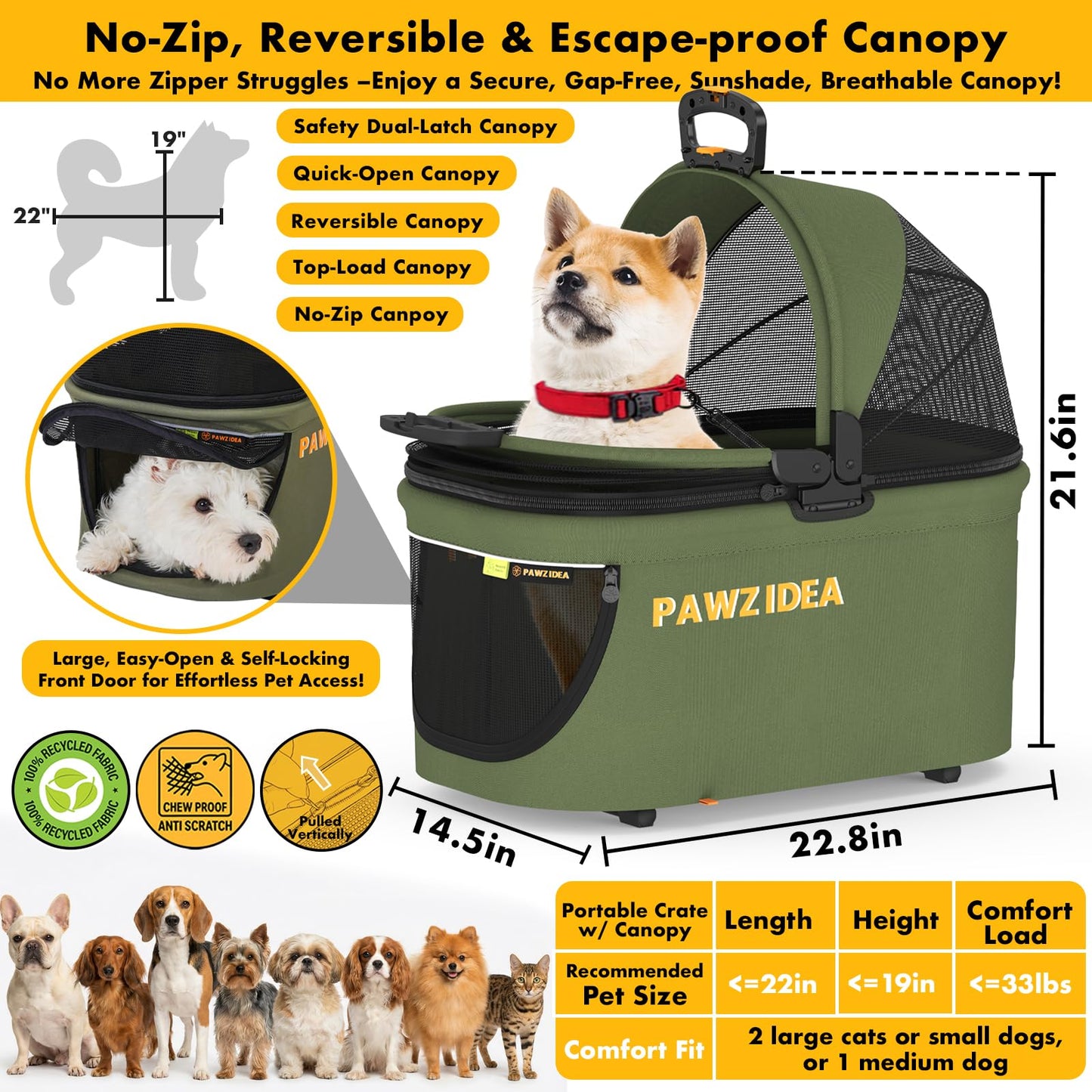 PAWZIDEA Pet Stroller 4 in 1, Foldable Cat Stroller with Detachable Carrier for Small Medium Dogs & Cats, Escape-Proof No-Zip Canopy, Lightweight Portable Travel Crate & Car Seat Combo, Storage Basket