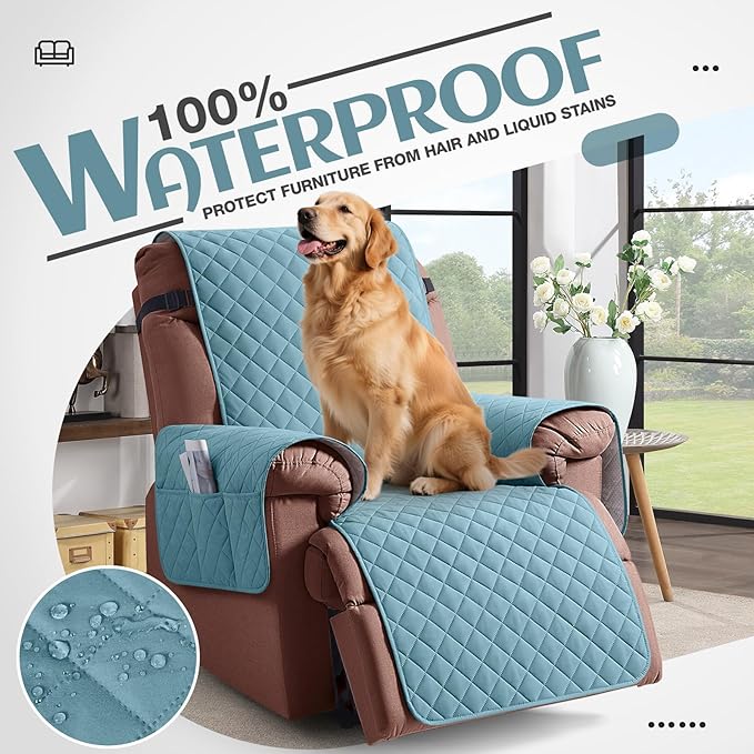 KinCam 100% Waterproof Recliner Chair Cover, Reclining Couch Covers for Pets, Dogs, Recliner Couch Slipcover Furniture Protector with Elastic Straps for Kids(25", Light Blue)