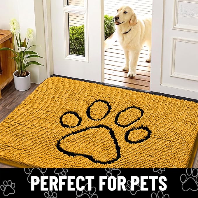 Smiry Dog Door Mat for Muddy Paws, Absorbent Dirt Trapper Non Slip Quick Dry Washable Chenille Mat for Mud Dogs, Entry Rug for Indoor and Outdoor (48x30 Inches, Golden Yellow and Black)
