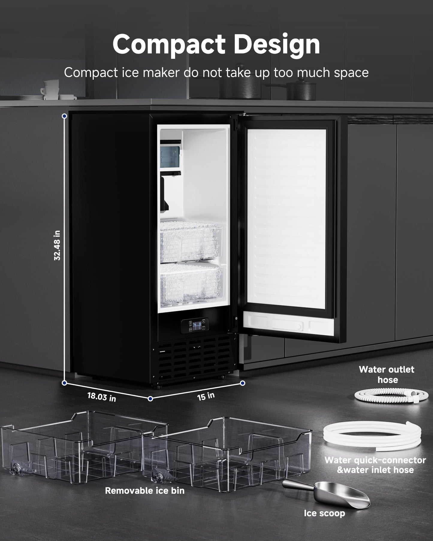 ICEVIVAL Under Counter Ice Machine, Ice Maker Machine 66 Lb/Day, Built-in Freestanding Nugget Ice Maker with 2-Drawer Ice Baskets, Auto-Cleaning & 24H Timer, Idea for Home Use (Black)