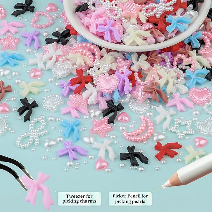600 Pcs 3D Nail Charms and Flatback Pearls Set 6, 8 Colors Nail Bows Charm + Pink&White Star Heart Moon Cute Nail Jewels + 2-4mm White Nail Pearls for Nail Art DIY Decoration with Pickup Tools