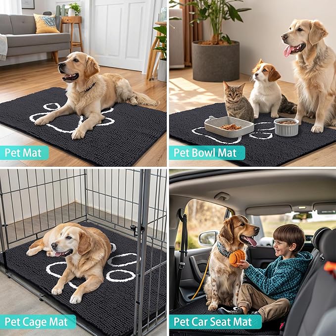 Smiry Dog Door Mat for Muddy Paws, Absorbent Dirt Trapper Non Slip Quick Dry Washable Chenille Mat for Mud Dogs, Entry Rug for Indoor and Outdoor (70x32 Inches, Black and White)