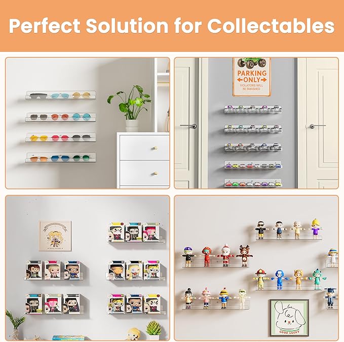 upsimples Acrylic Shelves for Bathroom Storage, 15" Floating Shelves Wall Organizer for Perfume, Make up, Skincare, Kids Bookshelf for Bedroom, Nursery, Living Room Decor, Clear, 4 Pack