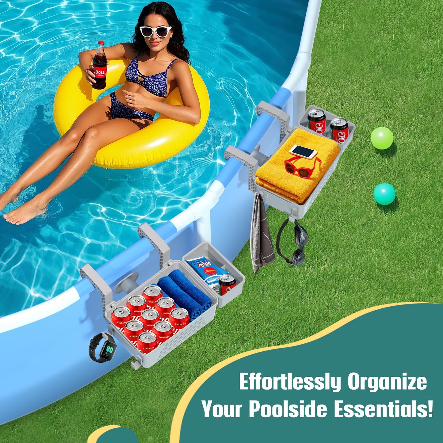 【2026 Upgrade】2-Pack Poolside Storage Basket with Cup Holder, Above Ground Pool Accessories, 3-in-1 Swimming Pool Hanging Storage Baskets to Organize Cups & Towels, Fits 3 Inch or Less Top Rail(Grey)