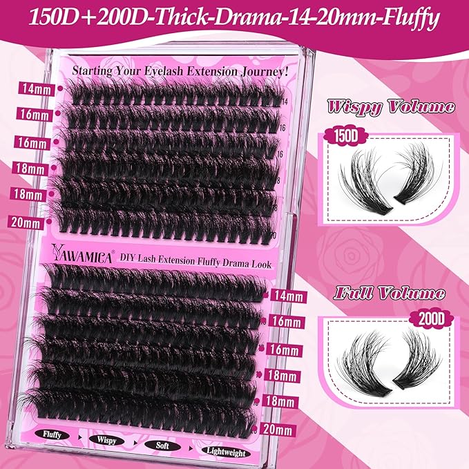 Yawamica Fluffier Lash Clusters Kit 150D+200D Thick Volume Lash Extension 14-20mm Wispy Eyelash Clusters Individual Lashes Kit with Bond, Remover, Applicator for DIY Lash Extension