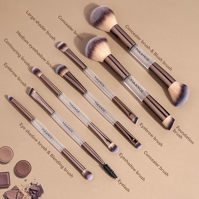 MAANGE 7 PCS Foundation Makeup Brush Set With Bag, Make up Brushes, Eyeshadow Concealer Brush, Double-ended Foundation Contour Powder Blush, Professional Face brush Set Tools For Liquid,Cream (White)