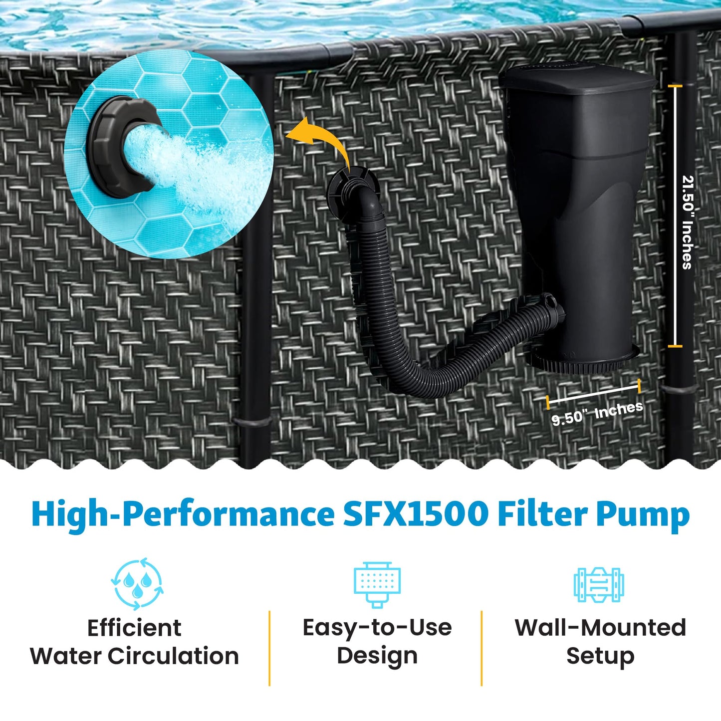 Summer Waves P53FX150K SkimmerPlus 1500 Gallon Above Ground Framed Swimming Pool Water Cleaning Filter Pump System, Black