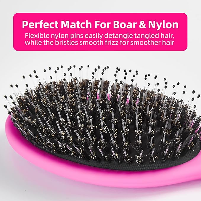 Boar Bristles Hair Brush for Women and Men, Detangling Hair Brush for Smoothing Massage Add Shine, Nylon&Boar Bristles Detangler brush for Hair Healthy (1 Pack-HotPink)