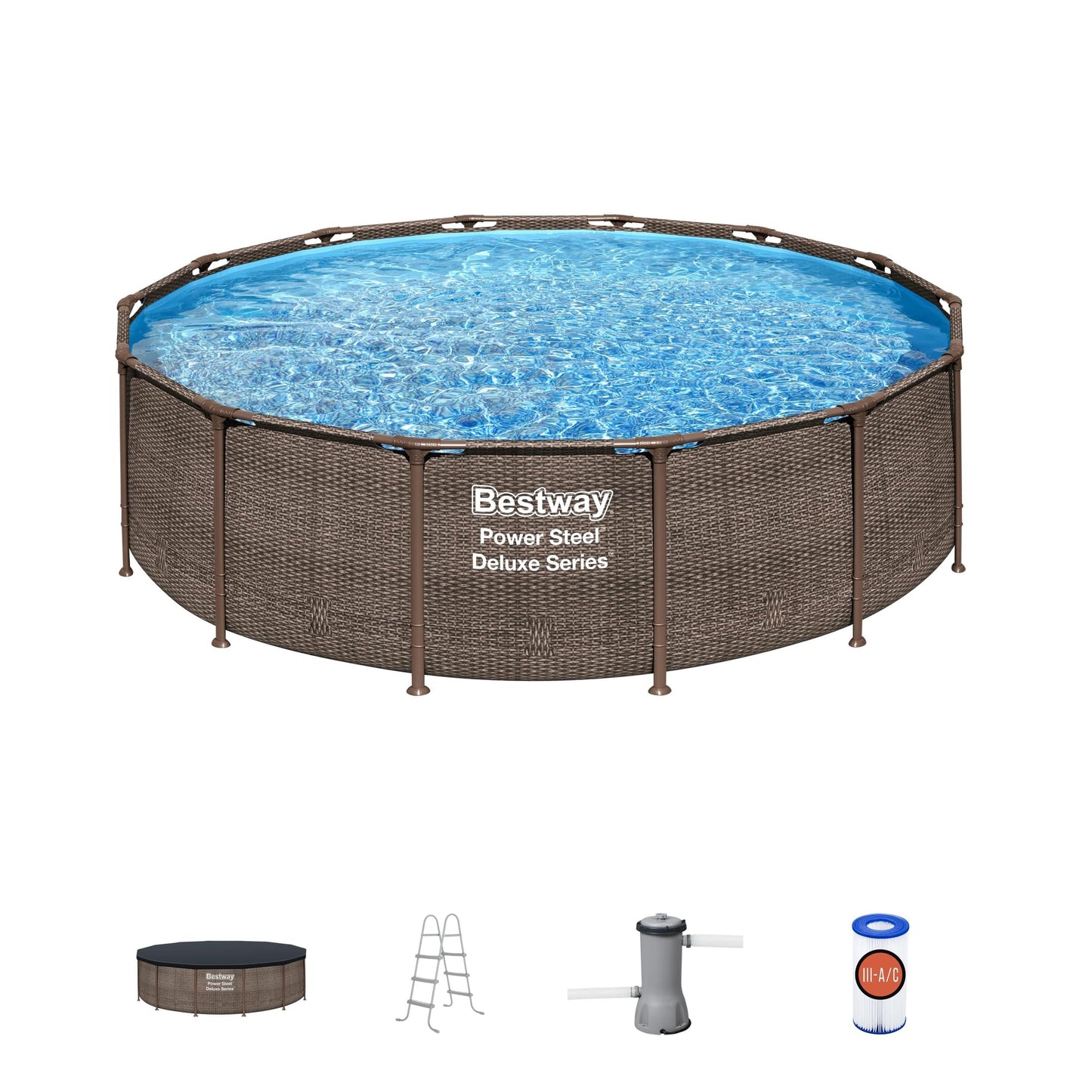 Bestway Power Steel 14’ x 42” Round Above Ground Outdoor Backyard Swimming Pool Set with 1,000 GPH Filter Pump, Ladder, and Pool Cover