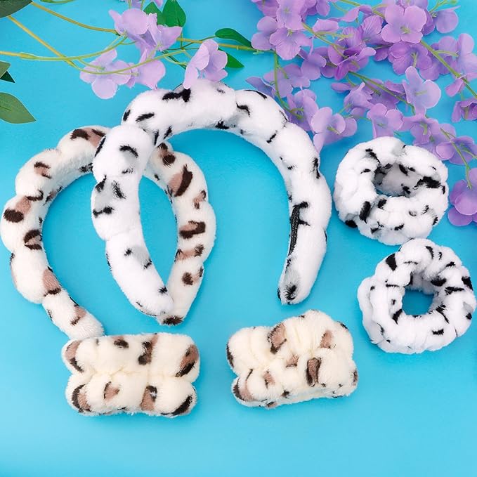 SPA Headbands for Washing Face Makeup Headbands with Bow Hair Band Women Facial Head Band Wrist Towel Wraps For Shower Face Mask Leopard, 6 Pack