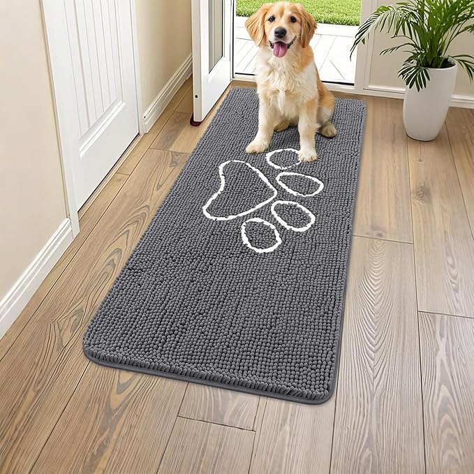 Smiry Dog Door Mat for Muddy Paws, Absorbent Dirt Trapper Non Slip Quick Dry Washable Chenille Mat for Mud Dogs, Entry Rug for Indoor and Outdoor (45x27 Inches, Dark Grey and White)