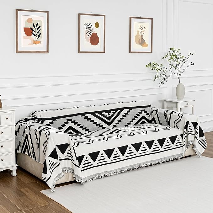 MYSKY HOME Boho Couch Cover for Dogs Washable Black Rhombic Couch Sofa Protector Cats Pets Friendly Chenille Geometric Sofa Covers Soft Durable Farmhouse Sofa Slipcovers, 71" X102"
