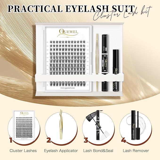 QUEWEL DIY Eyelash Extensions Kit, Lash Clusters 144 Pcs, Clusters Eyelash Applicator Tool, Super Hold Cluster Lashes Bond and Seal, Glue Remover Easy to Apply at Home(S012-Kit)