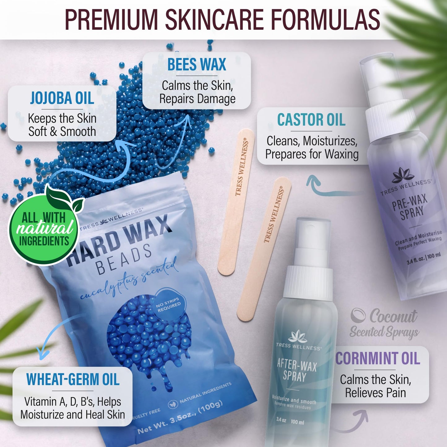 Tress Wellness Waxing Kit for Sensitive Skin – Safe for Face & Skin, Prep & Aftercare Spray, Easy to Use – At-Home Kit for Face, Bikini, Brazilian & Full Body - Digital Display, Pink