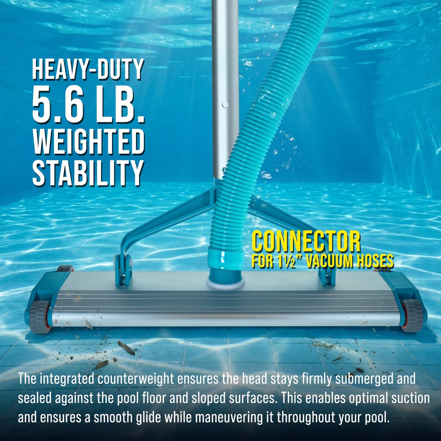 U.S. Pool Supply Heavy-Duty 17.5" Weighted Pool Vacuum Head with Aluminum Body - 5.6 lb Manual Inground Vacuum Head, Scrub Bristles, 1-1/2" Swivel Hose Connection - Concrete Pools, Clean Floor, Walls