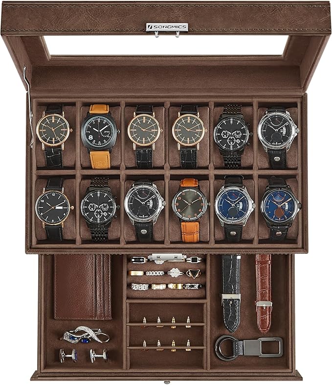 SONGMICS Watch Box, 12-Slot Watch Case Organizer with Large Glass Lid, 2 Layers, Removable Pillows, Metal Lock, Gift for Loved Ones, Brown Synthetic Leather, Brown Lining UJWB012K01