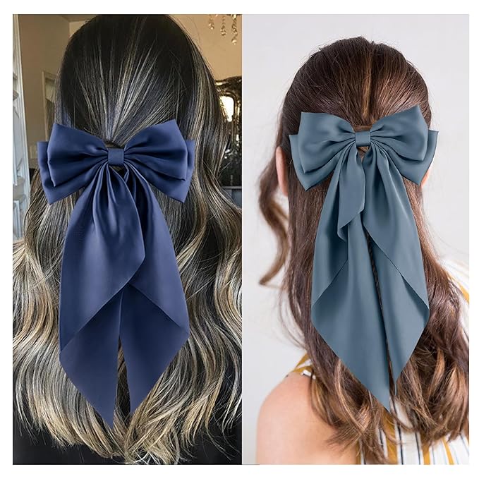 6Pcs Large Bows Hair Clips for Women Girls Long Tail Hair Ribbon Silky Satin Barrettes Coquette Bows Accessories (Black/Skyblue/Grayblue)