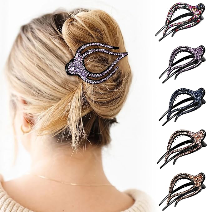 5PCS Rhinestone French Hair Clips for Women Thick Hair No Slip Curved Claw Clips Strong Hold Flat Hair Clip (Curved(Medium,3.74"))