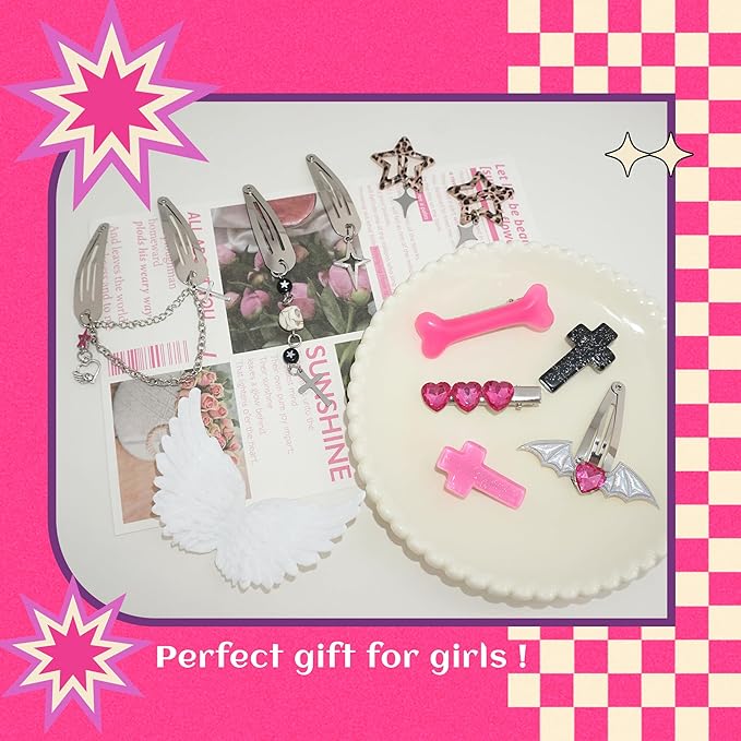 10PCS Y2K Hair Clips Hot Pink Cute Hair Snap Clips Punk Cross Alligator Clip Kawaii Leopard Star Accessories for Women Girls