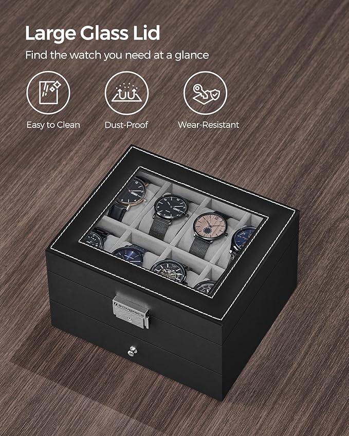 SONGMICS Watch Box, 8-Slot Watch Case Organizer with Large Glass Lid, 2 Layers, Removable Pillows, Metal Lock, Gift for Loved Ones, Black Synthetic Leather, Greenish Gray Lining UJWB080G01