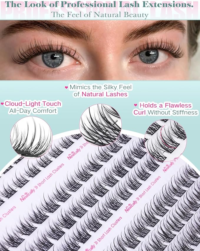 Natural Lash Clusters Kit Short 8-12MM Eyelash Clusters Wispy Cluster Eyelash Extensions Lash Extension Kit C-Curly Cluster Lashes Long-lasting Effect by Newcally